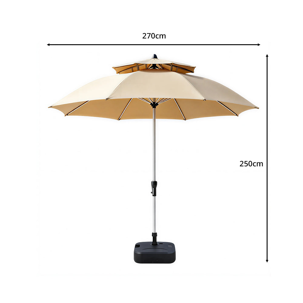 SOLARA 2.7m Outdoor Patio Umbrella with Double-Top Vent & Water-Filled Base for Garden & Poolside - Brown