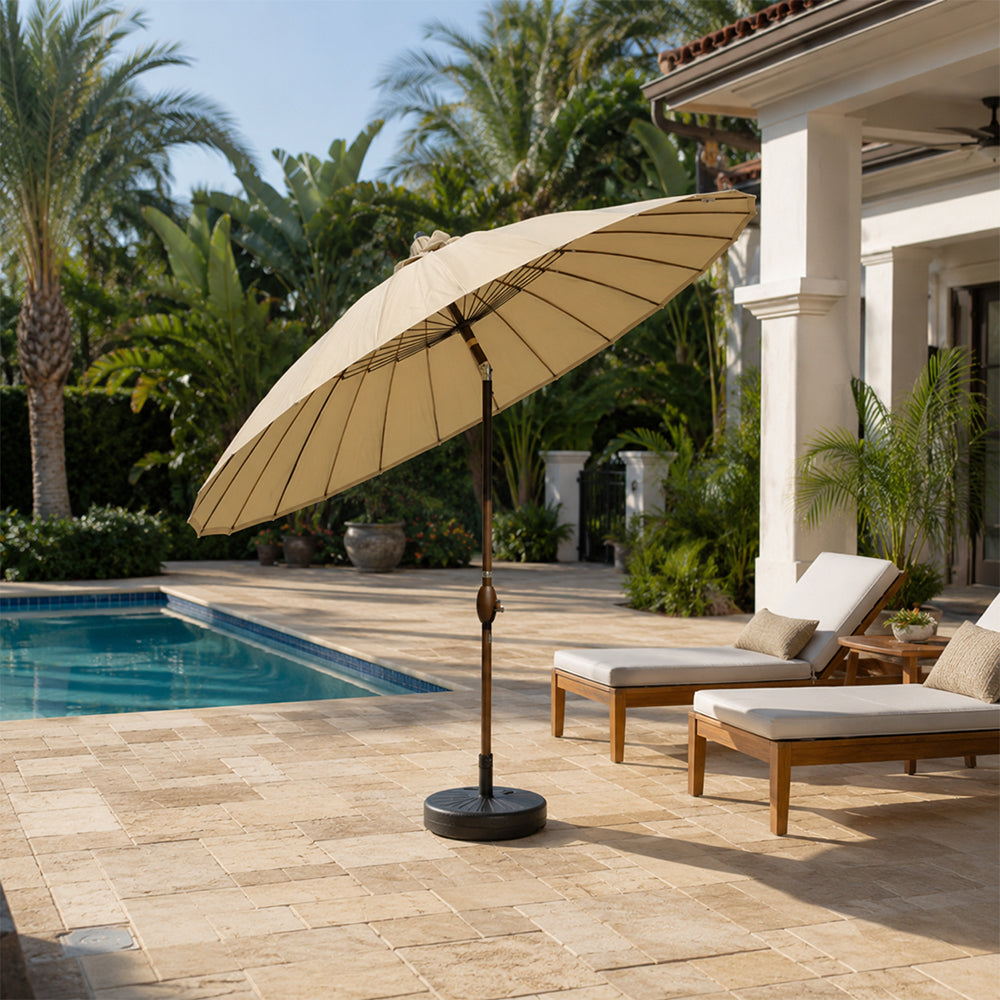 SOLARA 2.5m Solar LED Outdoor Umbrella with 24-Rib Frame & 70L Weighted Base for Patio Garden & Poolside - Coffee
