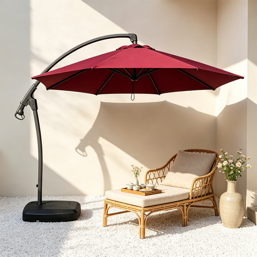 SOLARA 3m Cantilever Patio Umbrella with Adjustable Shade, 8-Rib Metal Frame & Fillable Base for Garden & Poolside - Red