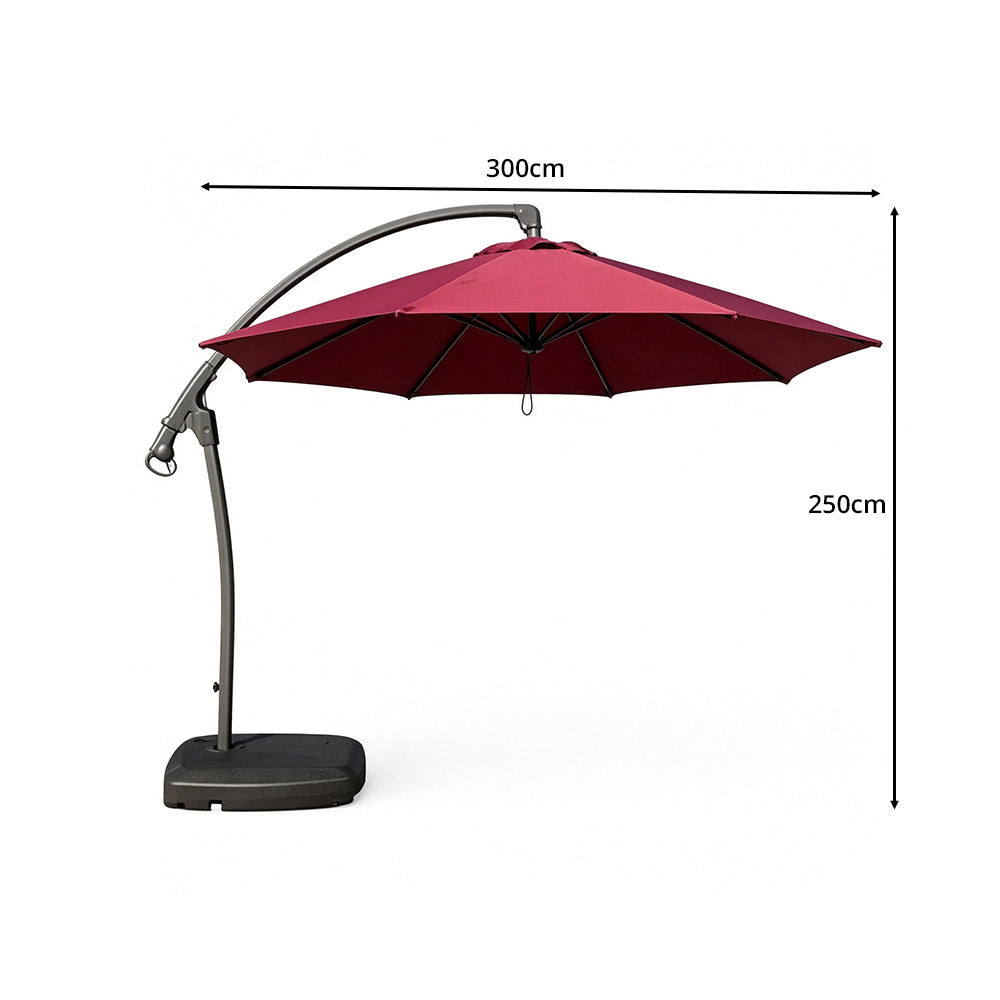 SOLARA 3m Cantilever Patio Umbrella with Adjustable Shade, 8-Rib Metal Frame & Fillable Base for Garden & Poolside - Red