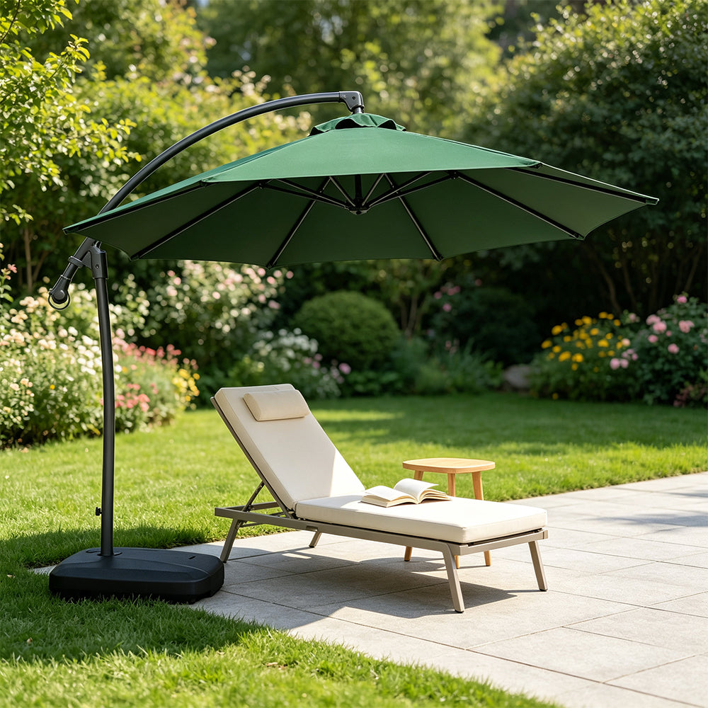 SOLARA 3m Cantilever Patio Umbrella with Adjustable Shade, 8-Rib Metal Frame & Fillable Base for Garden & Poolside - Green