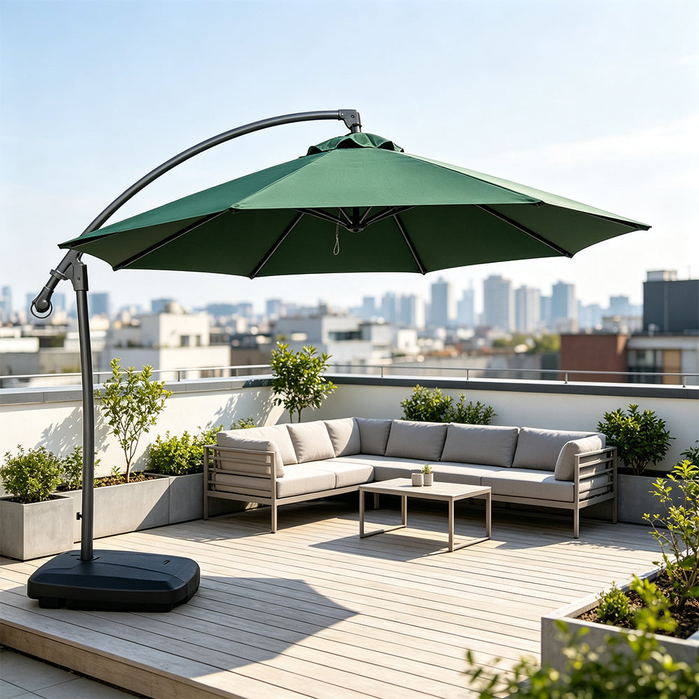 SOLARA 3m Cantilever Patio Umbrella with Adjustable Shade, 8-Rib Metal Frame & Fillable Base for Garden & Poolside - Green