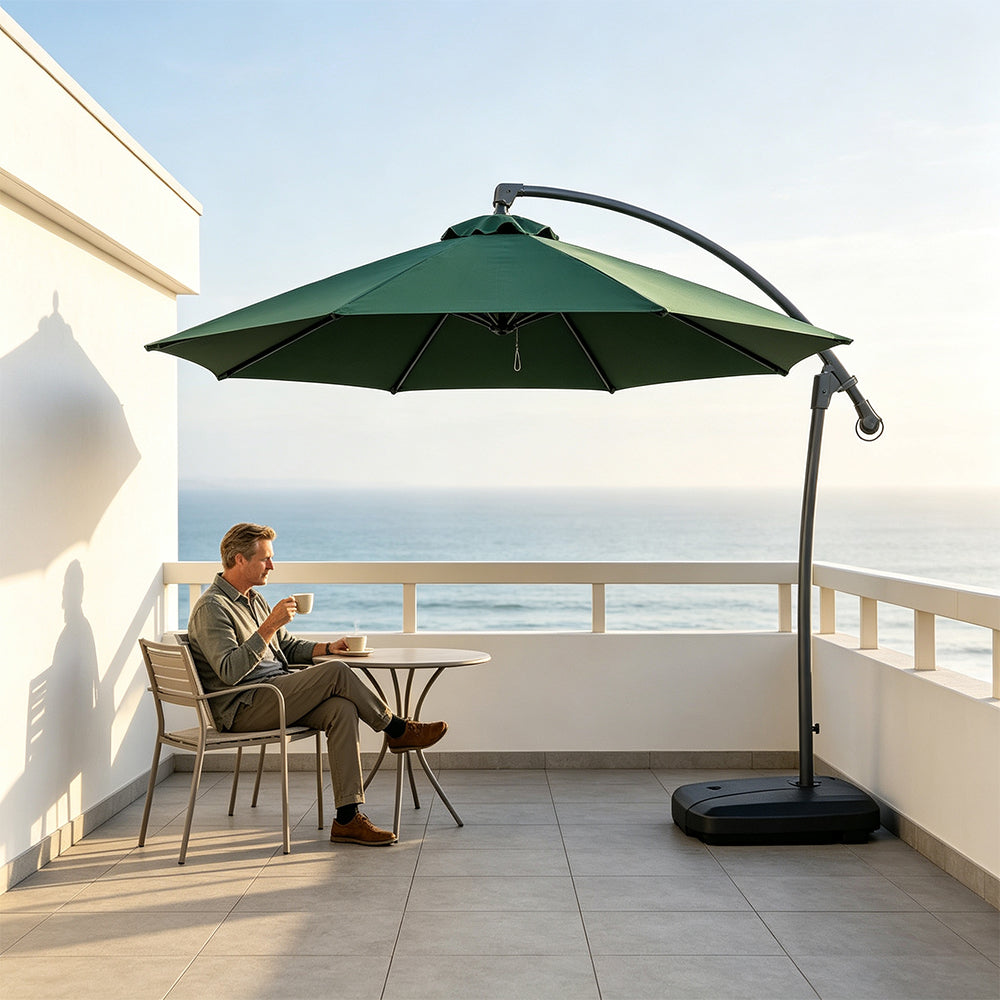 SOLARA 3m Cantilever Patio Umbrella with Adjustable Shade, 8-Rib Metal Frame & Fillable Base for Garden & Poolside - Green