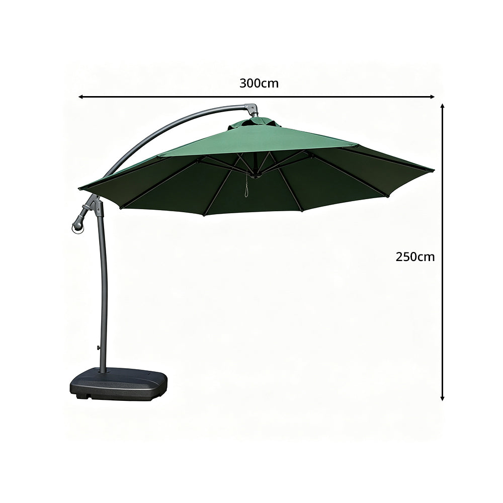 SOLARA 3m Cantilever Patio Umbrella with Adjustable Shade, 8-Rib Metal Frame & Fillable Base for Garden & Poolside - Green