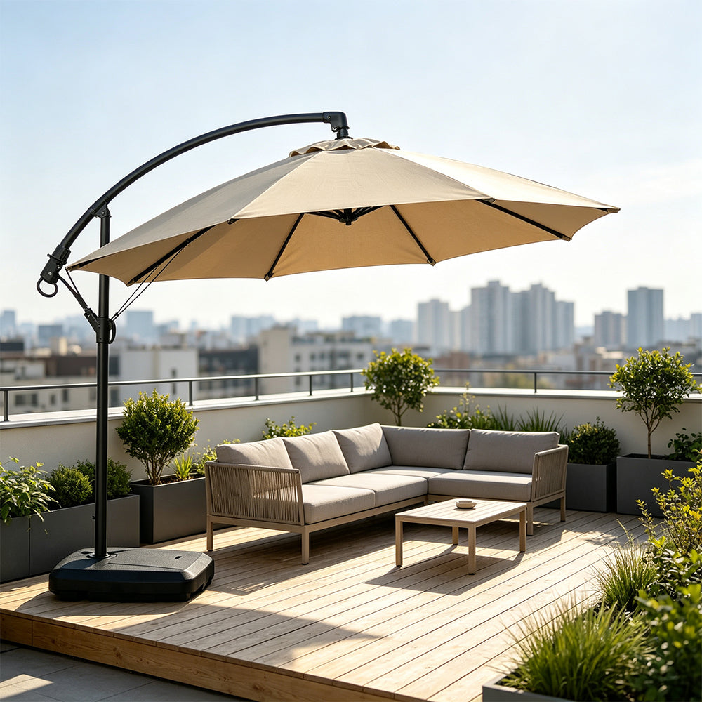SOLARA 3m Cantilever Patio Umbrella with Adjustable Shade, 8-Rib Metal Frame & Fillable Base for Garden & Poolside - Coffee