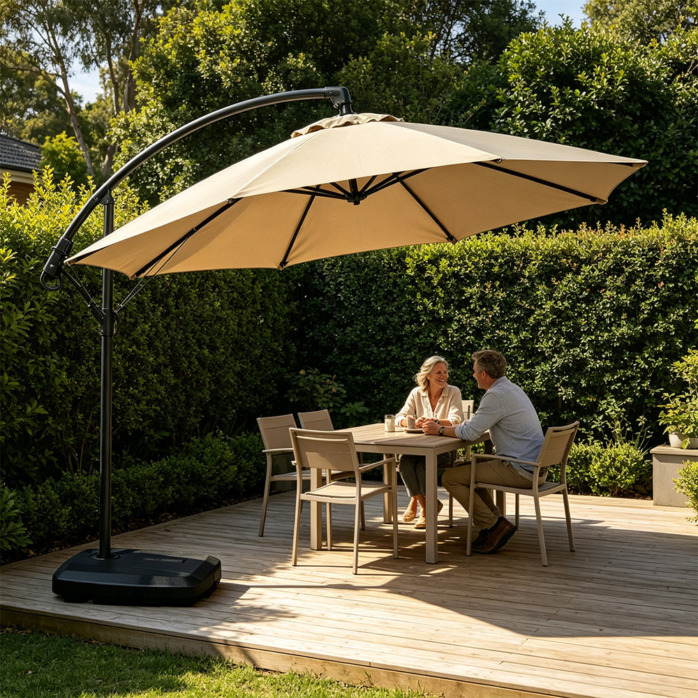 SOLARA 3m Cantilever Patio Umbrella with Adjustable Shade, 8-Rib Metal Frame & Fillable Base for Garden & Poolside - Coffee