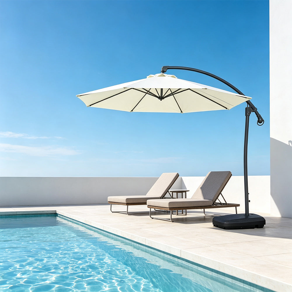 SOLARA 3m Cantilever Patio Umbrella with Adjustable Shade, 8-Rib Metal Frame & Fillable Base for Garden & Poolside - White