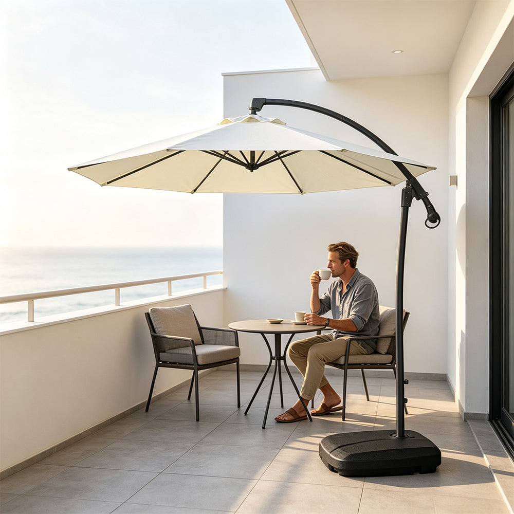SOLARA 3m Cantilever Patio Umbrella with Adjustable Shade, 8-Rib Metal Frame & Fillable Base for Garden & Poolside - White