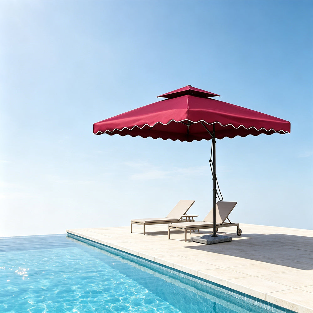 SOLARA Outdoor Square Patio Umbrella with Double Vent & Fillable Wheeled Base 220/250cm for Patio Garden Balcony - Red