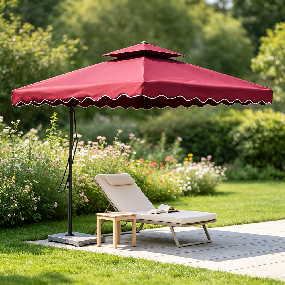 SOLARA Outdoor Square Patio Umbrella with Double Vent & Fillable Wheeled Base 220/250cm for Patio Garden Balcony - Red