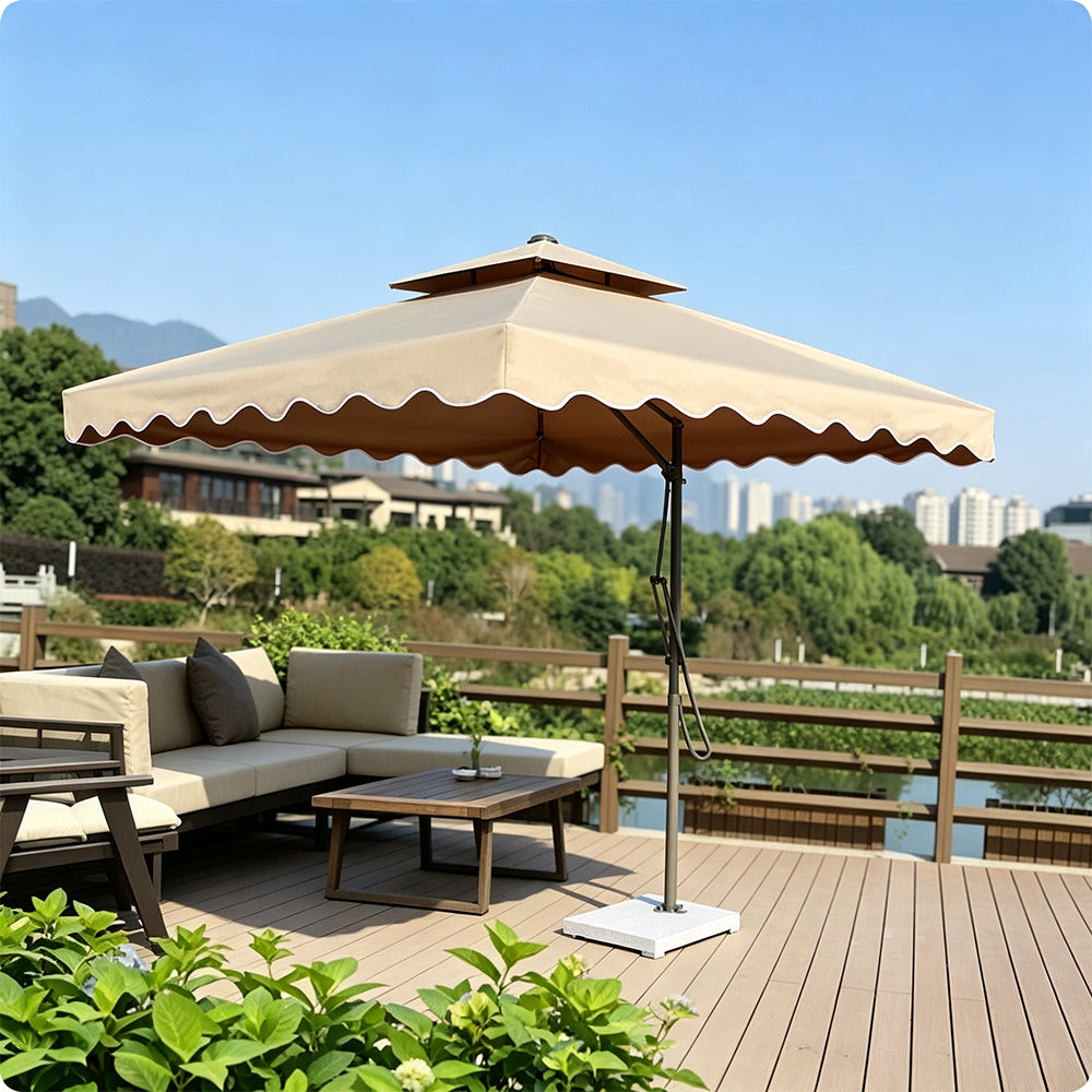 SOLARA Outdoor Square Patio Umbrella with Double Vent & Fillable Wheeled Base 220/250cm for Patio Garden Balcony - Coffee