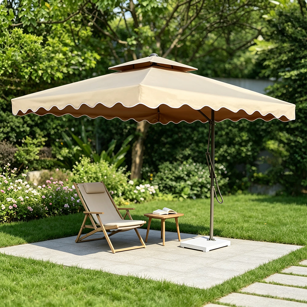 SOLARA Outdoor Square Patio Umbrella with Double Vent & Fillable Wheeled Base 220/250cm for Patio Garden Balcony - Coffee