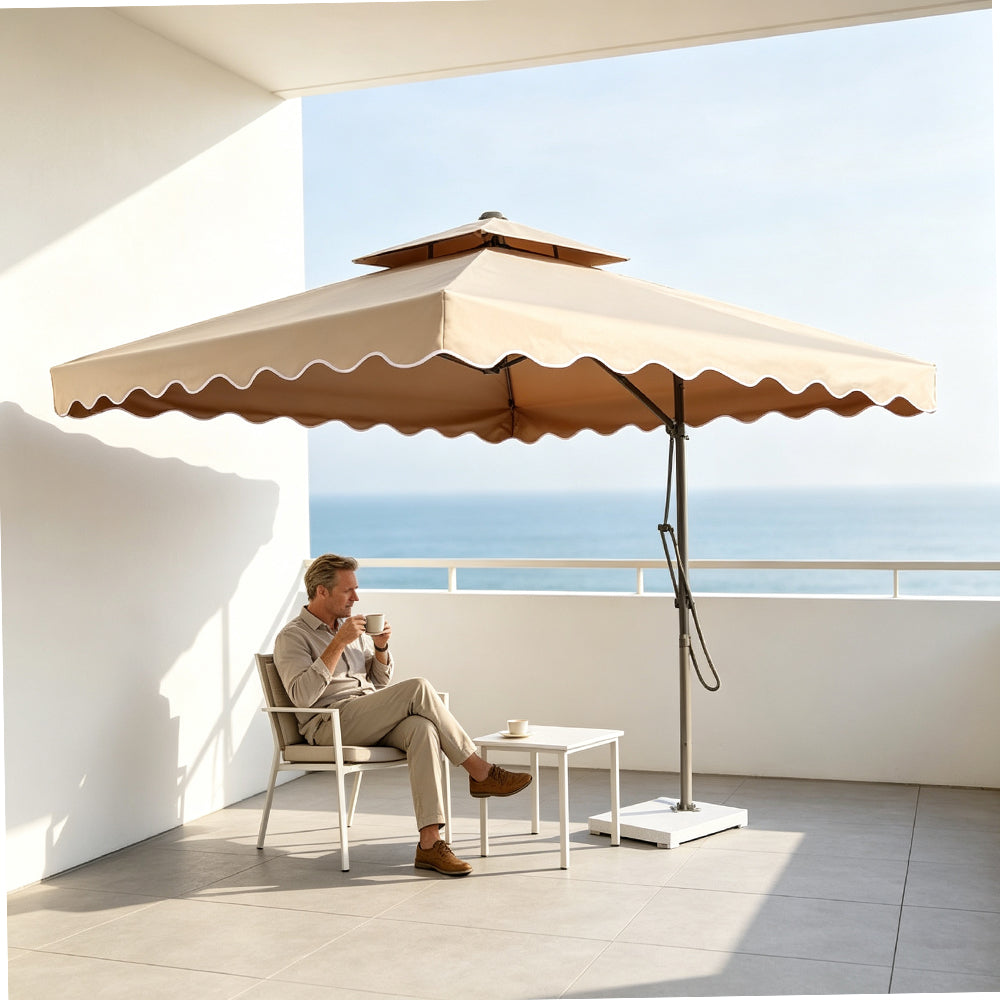 SOLARA Outdoor Square Patio Umbrella with Double Vent & Fillable Wheeled Base 220/250cm for Patio Garden Balcony - Coffee