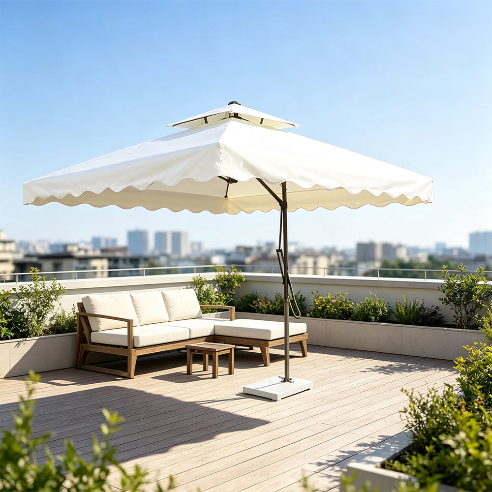 SOLARA Outdoor Square Patio Umbrella with Double Vent & Fillable Wheeled Base 220/250cm for Patio Garden Balcony - White