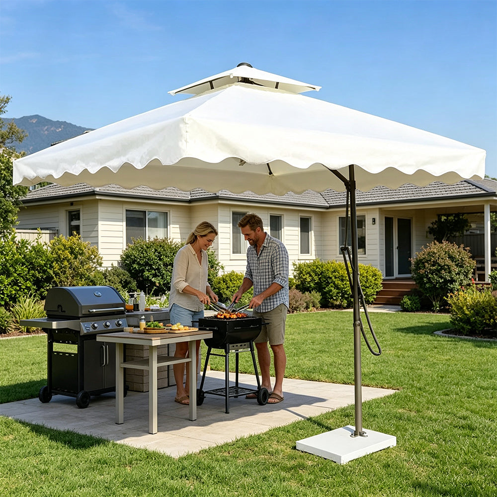 SOLARA Outdoor Square Patio Umbrella with Double Vent & Fillable Wheeled Base 220/250cm for Patio Garden Balcony - White
