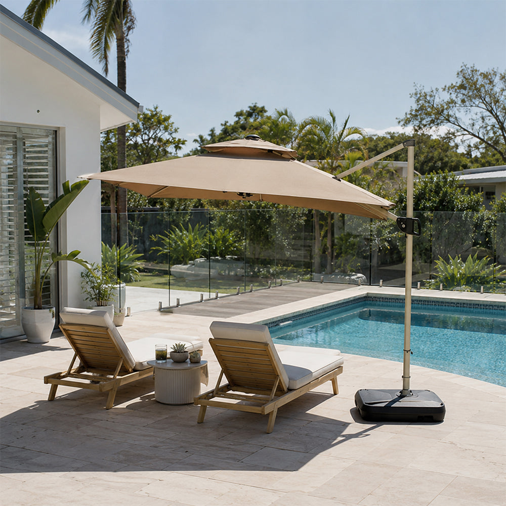 SOLARA 250cm Outdoor Cantilever Umbrella Adjustable Shade 8 Rib Frame Fillable Base for Patio Garden Poolside - Coffee