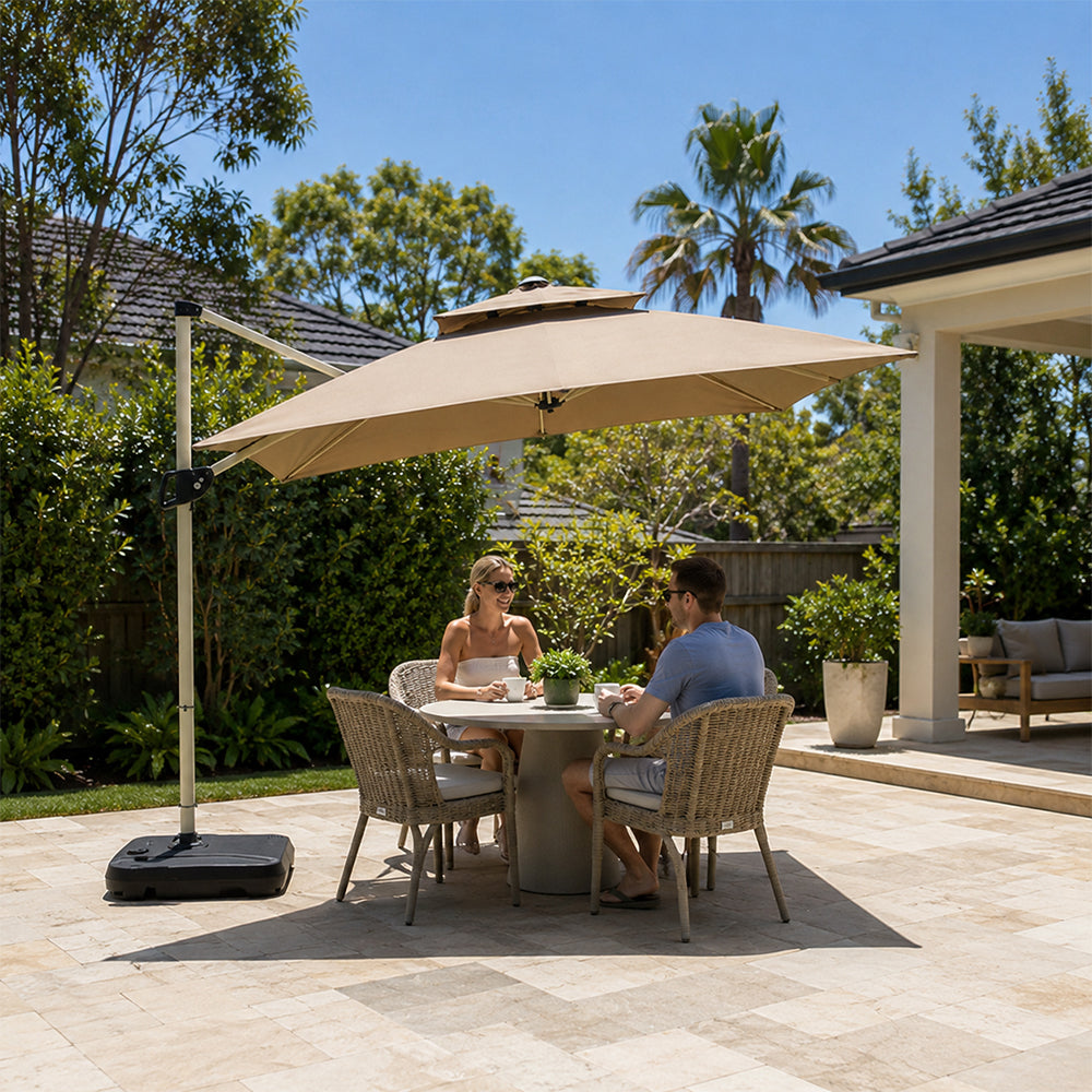 SOLARA 250cm Outdoor Cantilever Umbrella Adjustable Shade 8 Rib Frame Fillable Base for Patio Garden Poolside - Coffee