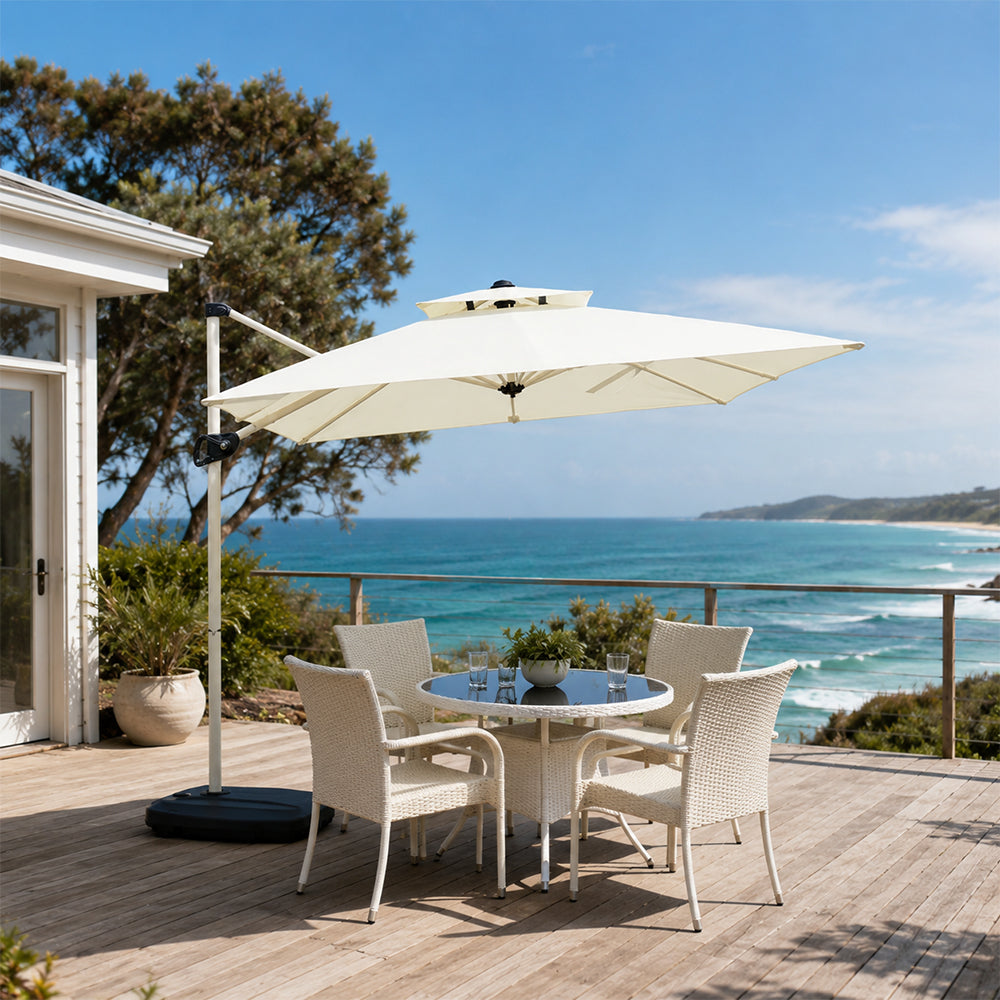 SOLARA 250cm Outdoor Cantilever Umbrella Adjustable Shade 8 Rib Frame Fillable Base for Patio Garden Poolside - White