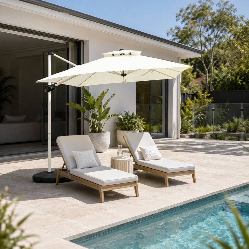 SOLARA 250cm Outdoor Cantilever Umbrella Adjustable Shade 8 Rib Frame Fillable Base for Patio Garden Poolside - White