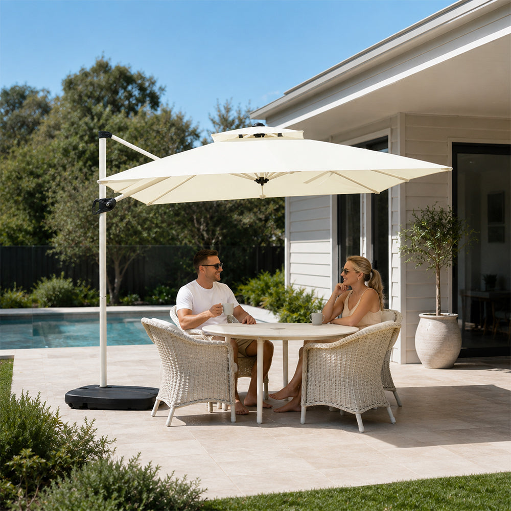SOLARA 250cm Outdoor Cantilever Umbrella Adjustable Shade 8 Rib Frame Fillable Base for Patio Garden Poolside - White