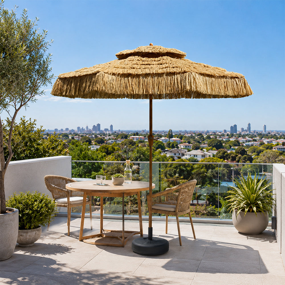 SOLARA Thatched Patio Umbrella Double Layer Canopy 8 Rib Frame Fillable Base for Garden Poolside Patio