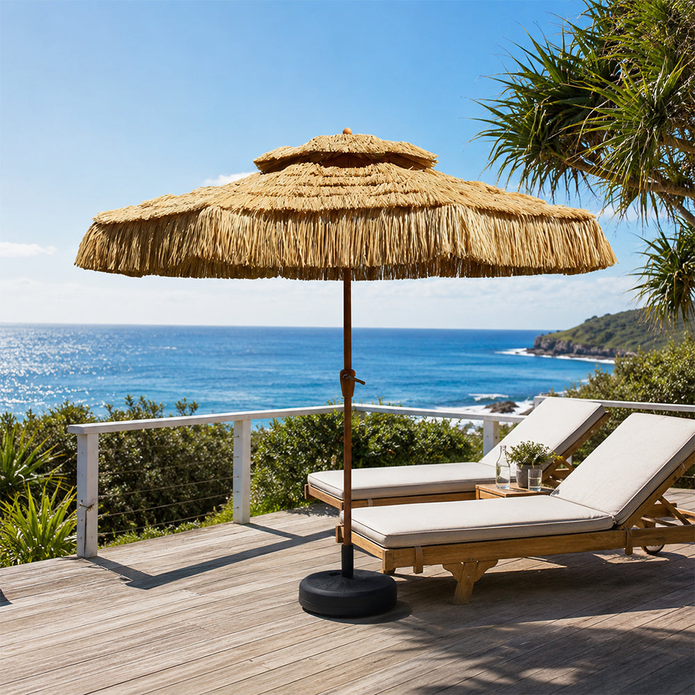 SOLARA Thatched Patio Umbrella Double Layer Canopy 8 Rib Frame Fillable Base for Garden Poolside Patio