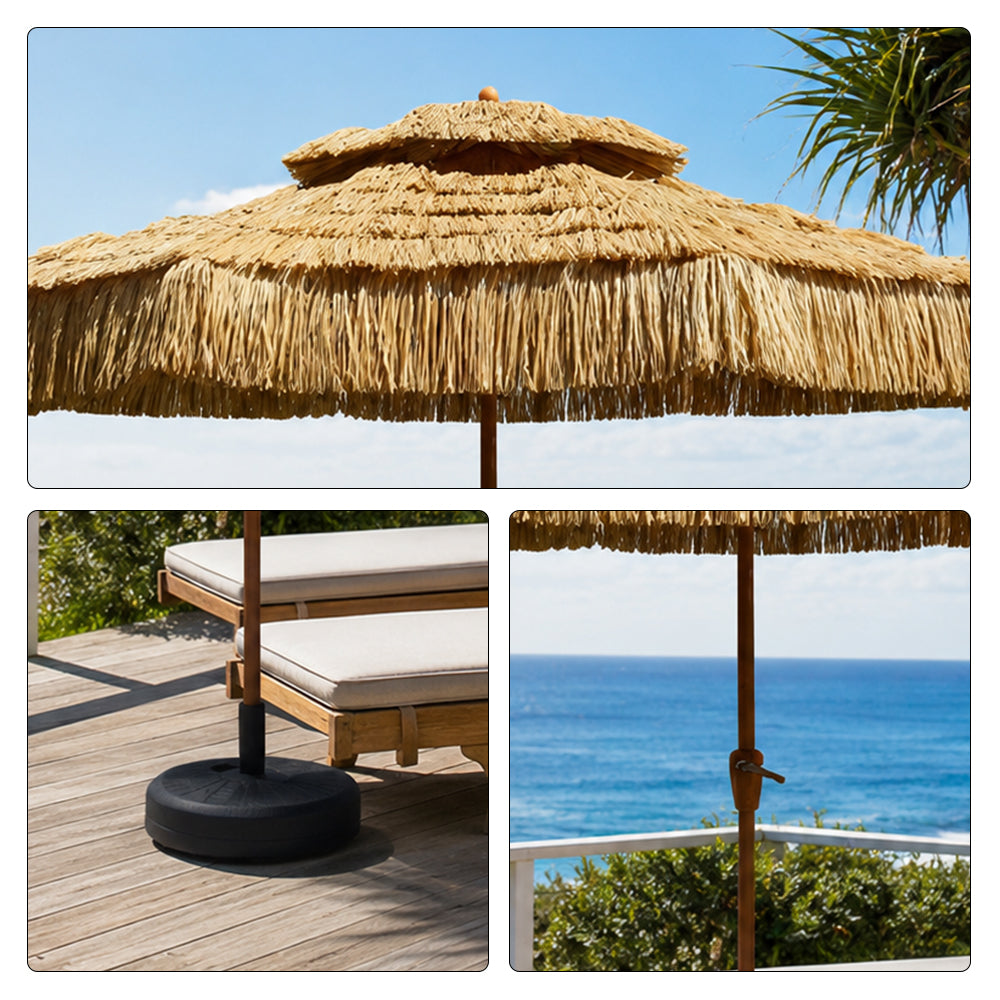 SOLARA Thatched Patio Umbrella Double Layer Canopy 8 Rib Frame Fillable Base for Garden Poolside Patio