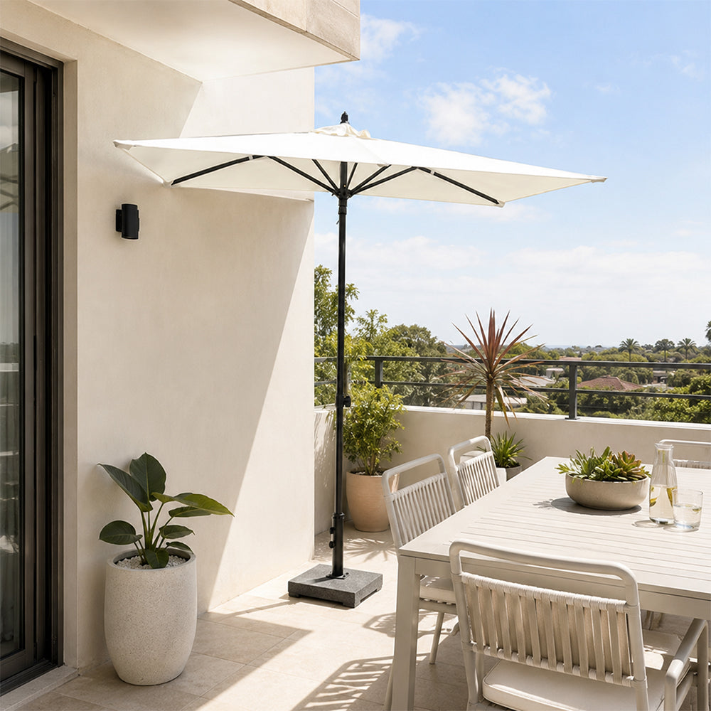 SOLARA Half Patio Umbrella Adjustable Height Waterproof Canopy Hand Crank for Balcony Patio Garden - White