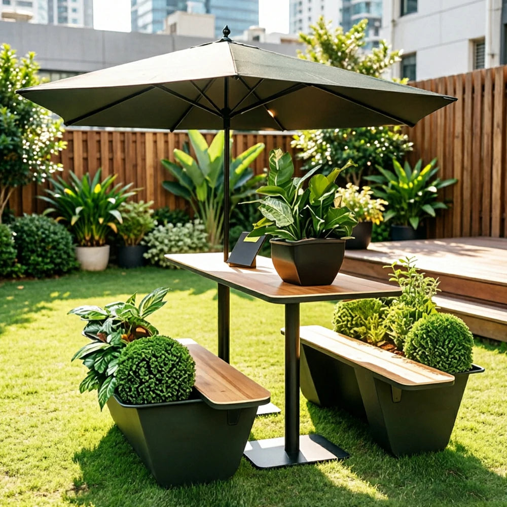 SOLARA Outdoor Planter Bench Iron Frame Modern Design Weather Resistant Seating for Garden Patio Park and Commercial Spaces