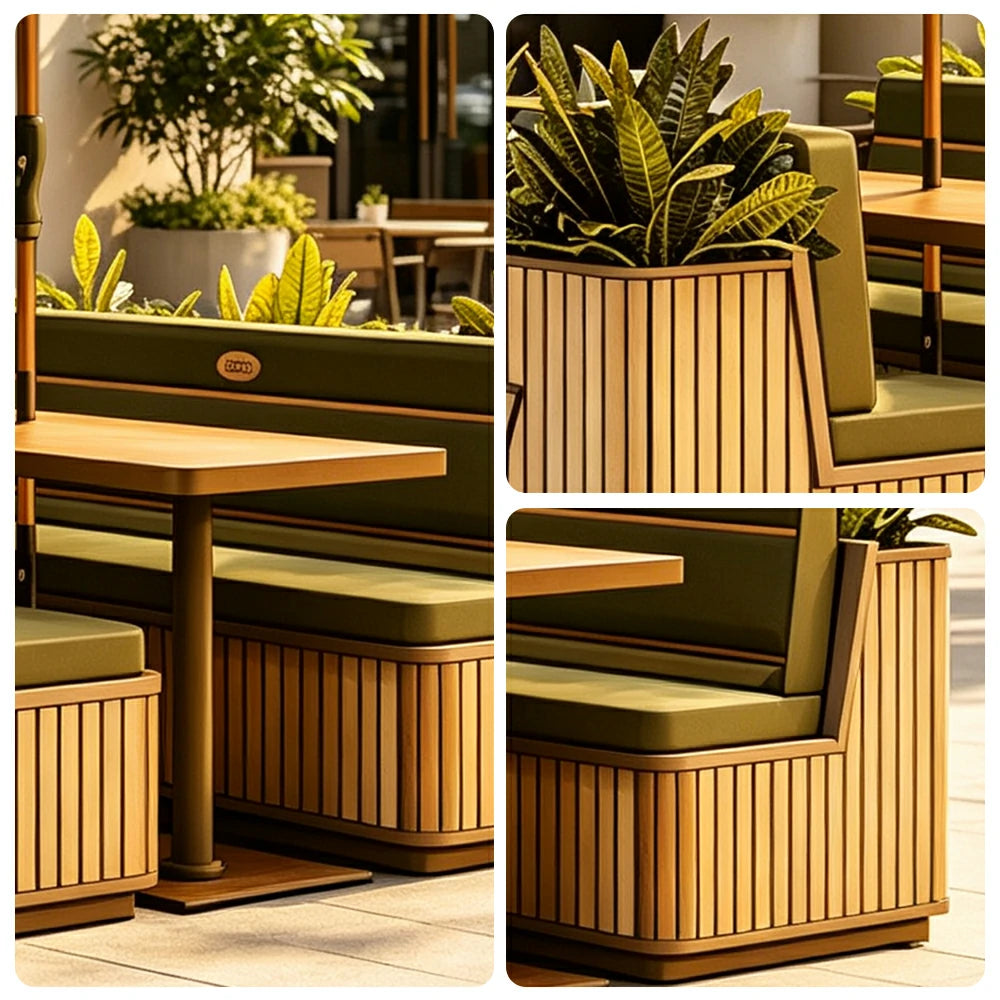 SOLARA Outdoor Planter Bench Set Iron Frame Weather Resistant Modern Design for Garden Patio Park and Commercial Spaces