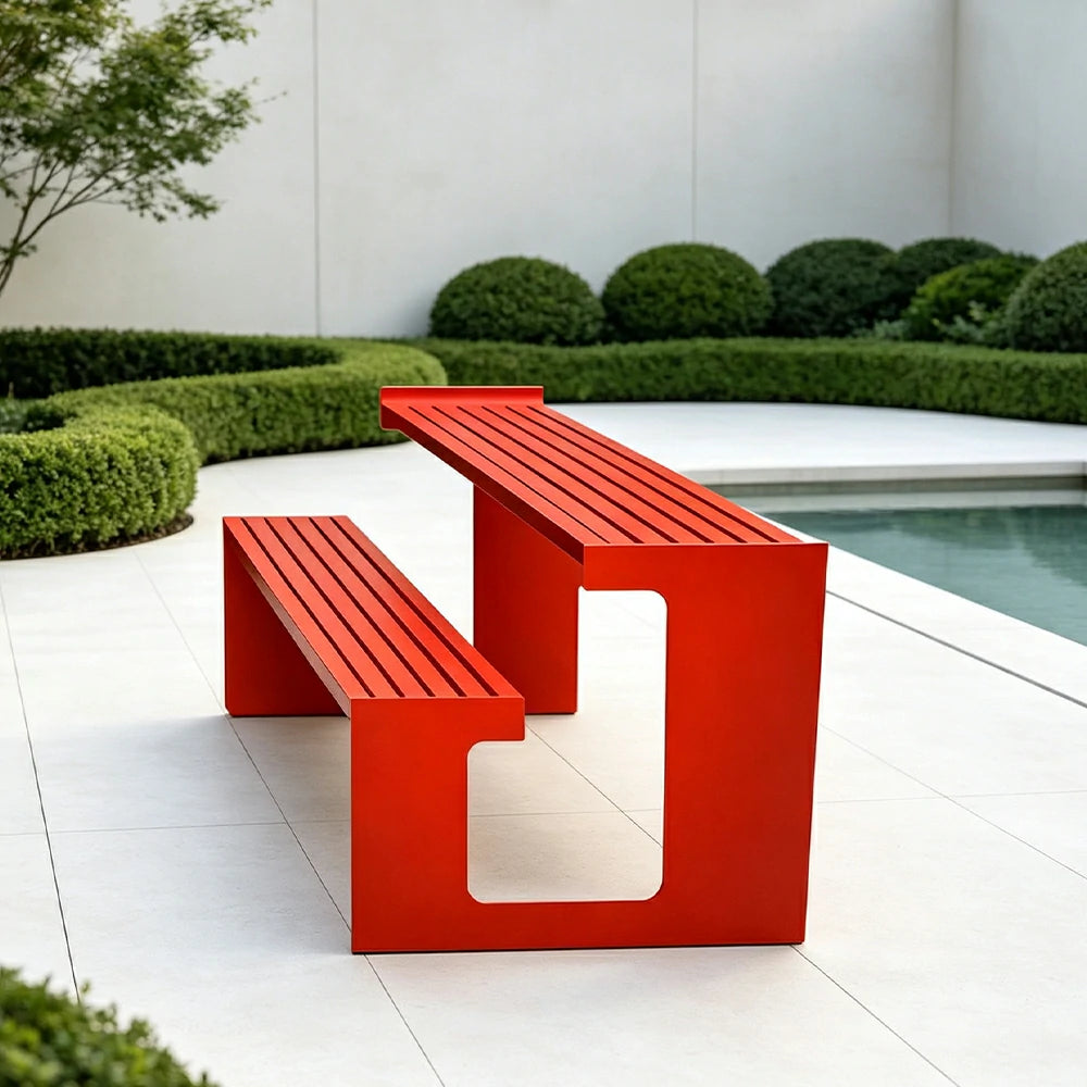 SOLARA Outdoor Table and Bench Set Iron Frame Weather Resistant Design for Garden Park Patio and Commercial Leisure Spaces - Red