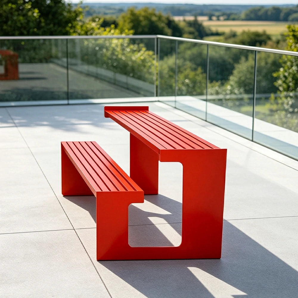 SOLARA Outdoor Table and Bench Set Iron Frame Weather Resistant Design for Garden Park Patio and Commercial Leisure Spaces - Red