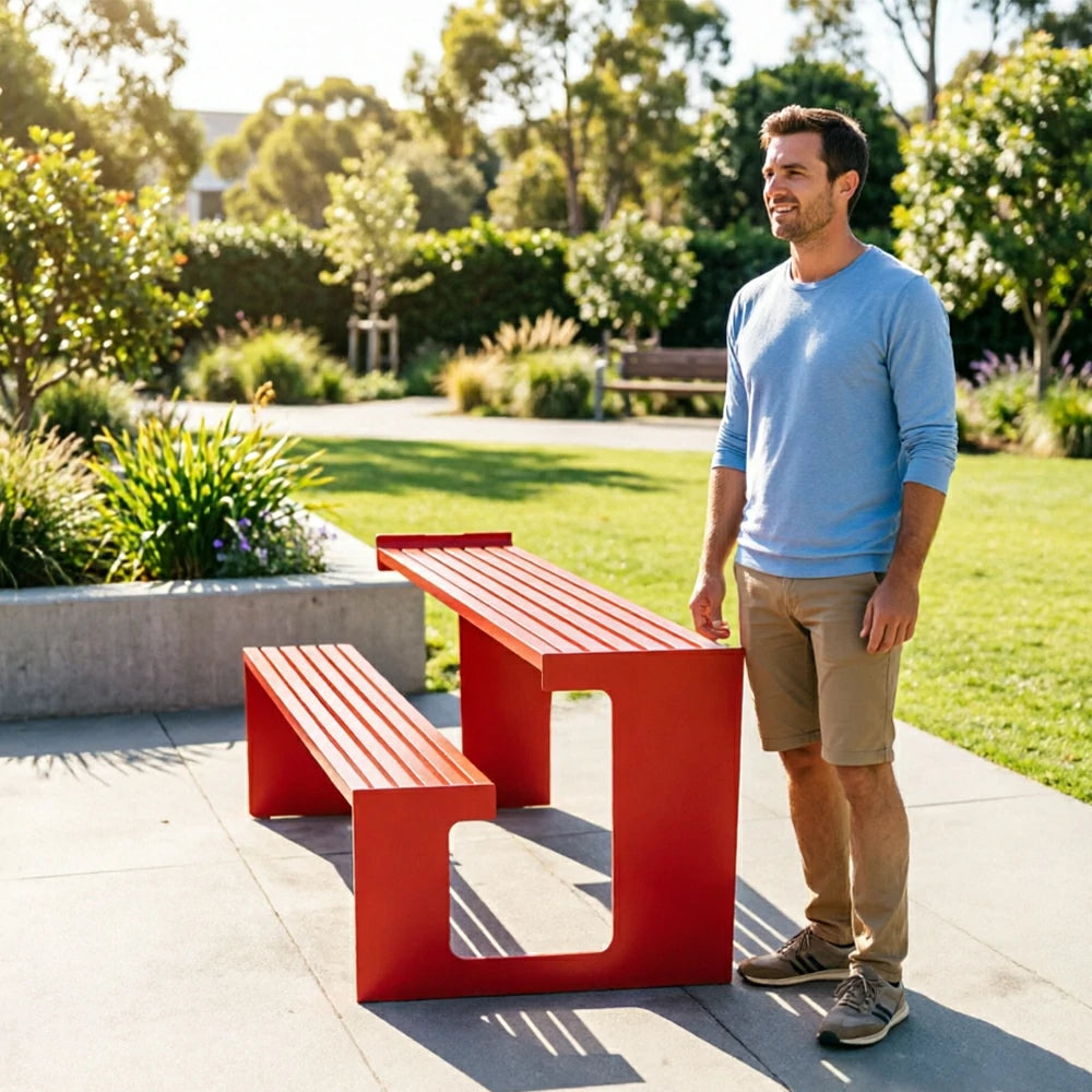 SOLARA Outdoor Table and Bench Set Iron Frame Weather Resistant Design for Garden Park Patio and Commercial Leisure Spaces - Red