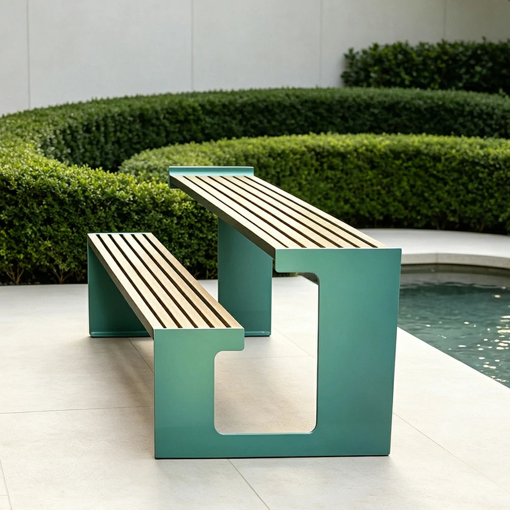 SOLARA Outdoor Table and Bench Set Iron Frame Weather Resistant Design for Garden Park Patio and Commercial Leisure Spaces - Blue