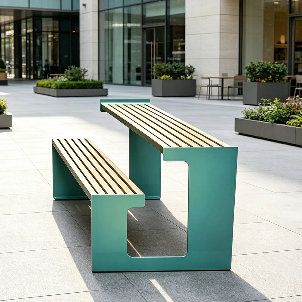 SOLARA Outdoor Table and Bench Set Iron Frame Weather Resistant Design for Garden Park Patio and Commercial Leisure Spaces - Blue