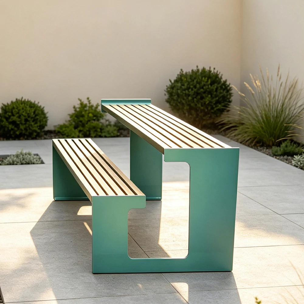 SOLARA Outdoor Table and Bench Set Iron Frame Weather Resistant Design for Garden Park Patio and Commercial Leisure Spaces - Blue