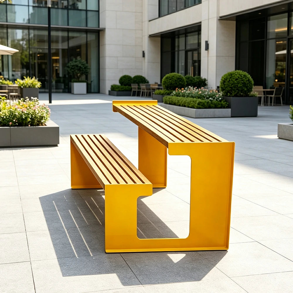 SOLARA Outdoor Table and Bench Set Iron Frame Weather Resistant Design for Garden Park Patio and Commercial Leisure Spaces - Yellow
