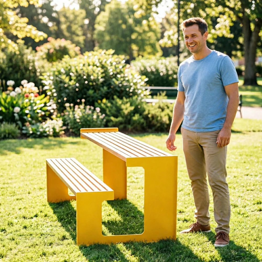 SOLARA Outdoor Table and Bench Set Iron Frame Weather Resistant Design for Garden Park Patio and Commercial Leisure Spaces - Yellow