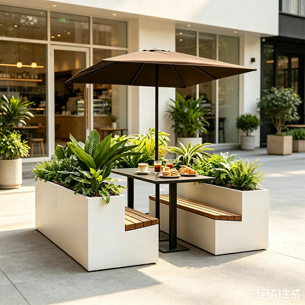 SOLARA Outdoor Planter Bench Integrated Flower Box Design Rust Resistant Iron Seating for Garden Patio Park Public Spaces