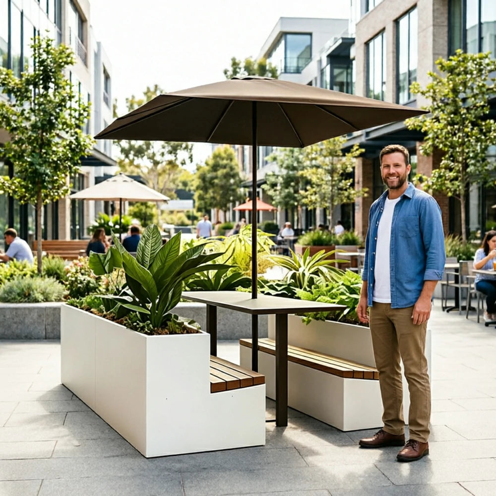 SOLARA Outdoor Planter Bench Integrated Flower Box Design Rust Resistant Iron Seating for Garden Patio Park Public Spaces