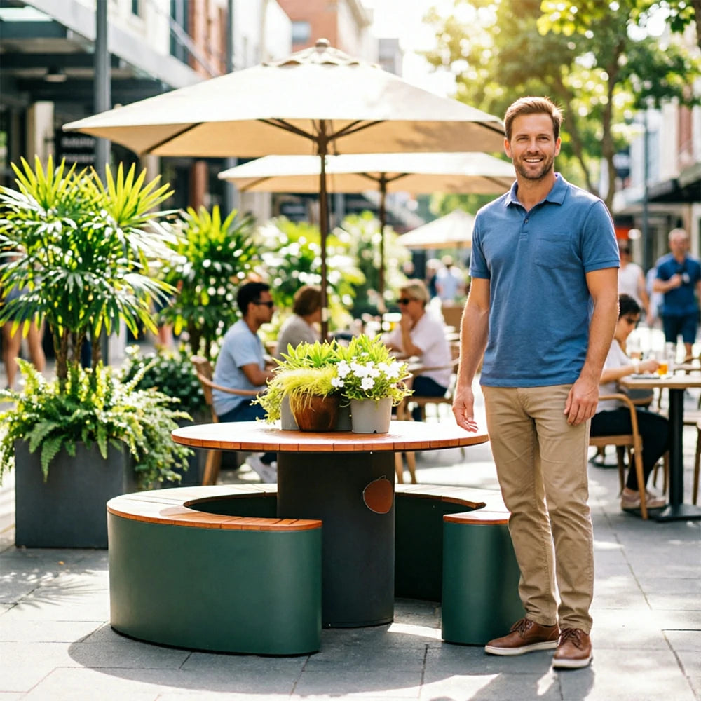 SOLARA Outdoor Planter Bench Integrated Flower Box Design Durable Iron Frame for Park Commercial Street Cafe Garden Spaces