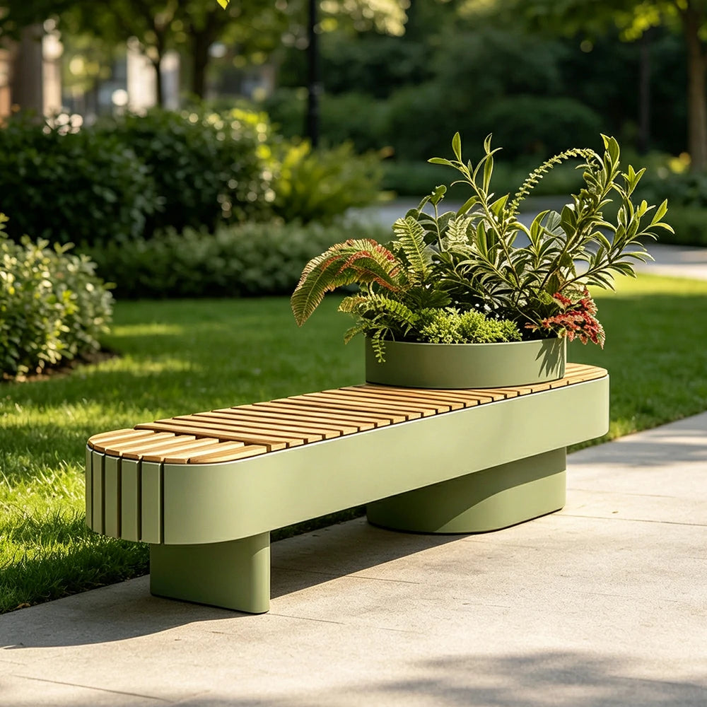 SOLARA Outdoor Planter Bench Integrated Flower Box Design Stable Iron Frame for Park Commercial Street Cafe Garden Spaces