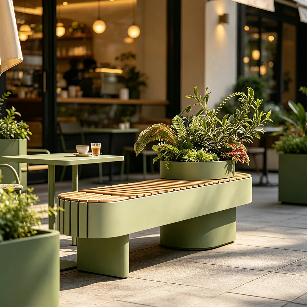 SOLARA Outdoor Planter Bench Integrated Flower Box Design Stable Iron Frame for Park Commercial Street Cafe Garden Spaces