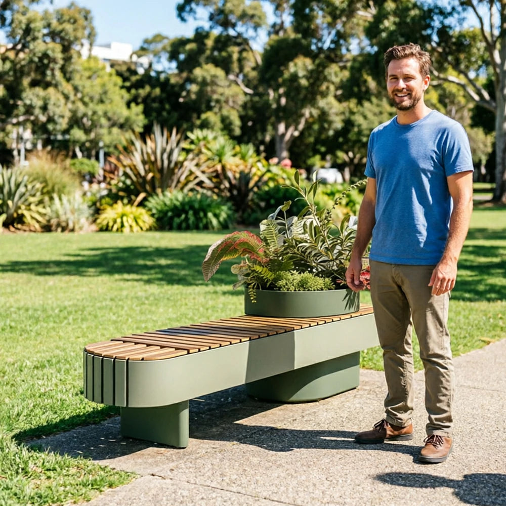 SOLARA Outdoor Planter Bench Integrated Flower Box Design Stable Iron Frame for Park Commercial Street Cafe Garden Spaces