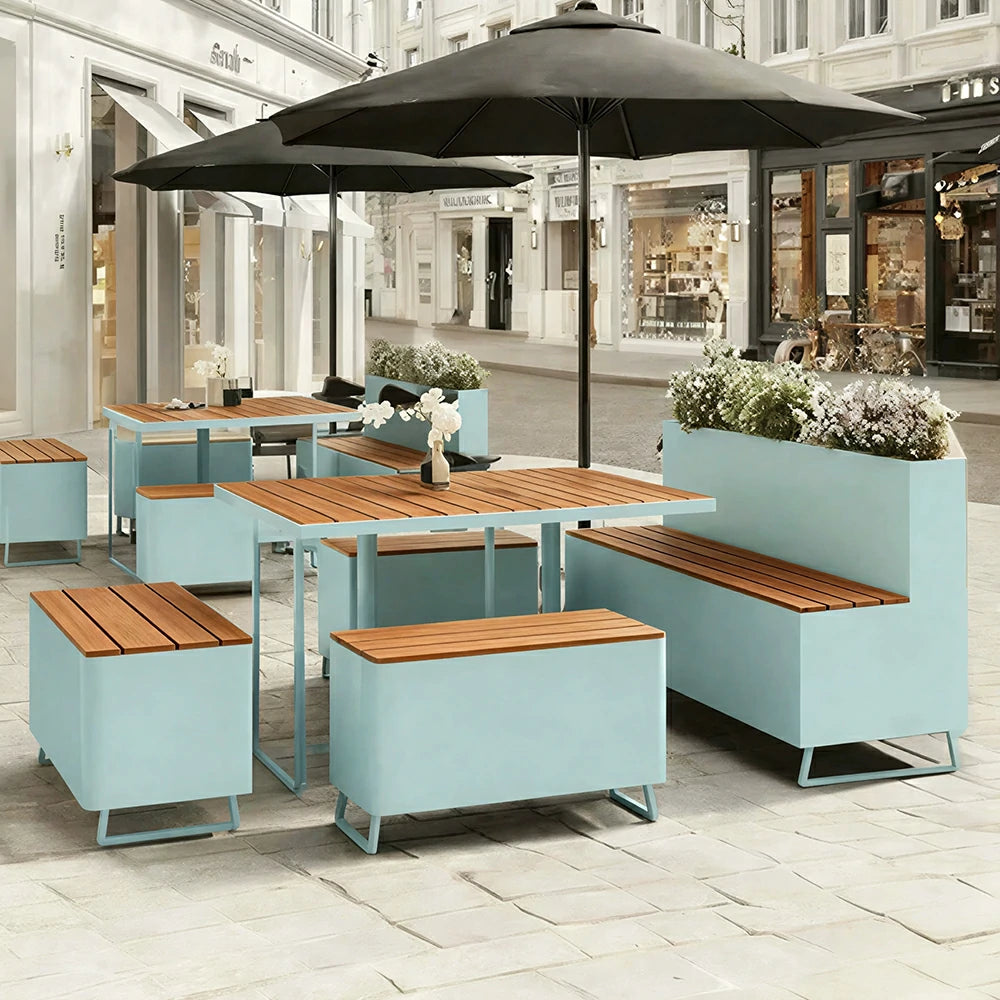 SOLARA Outdoor Planter Bench Integrated Iron Seating for Cafe Patio Park Plaza Commercial Spaces