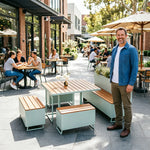 SOLARA Outdoor Planter Bench Integrated Iron Seating for Cafe Patio Park Plaza Commercial Spaces