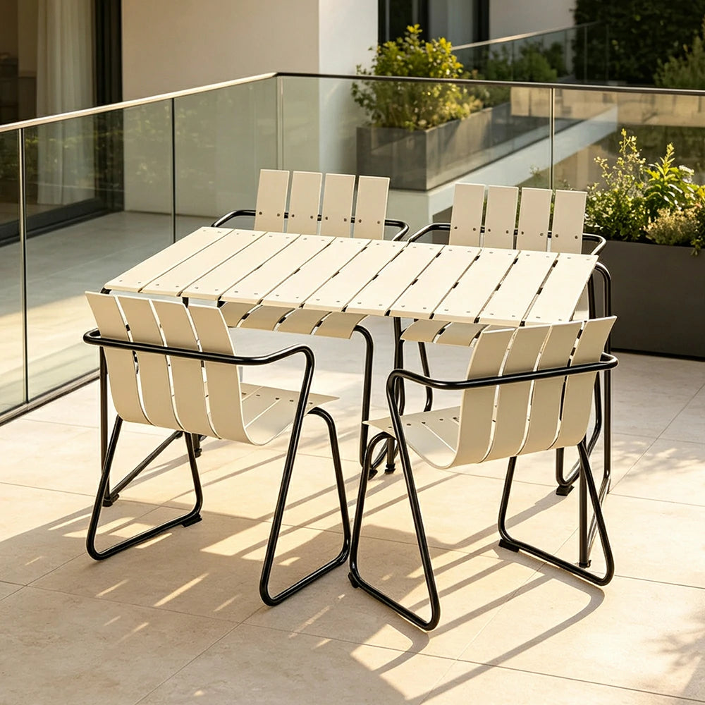 SOLARA Nordic Outdoor Dining Set Aluminium Table with 4 Stackable Chairs for Patio Garden Cafe Balcony