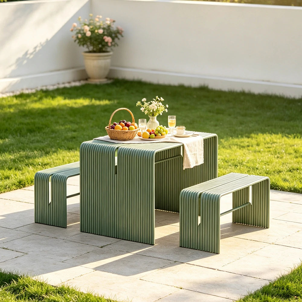 SOLARA Nordic Outdoor Table and Bench Set Aluminium Ribbed Design for Patio Garden Cafe Courtyard - Green