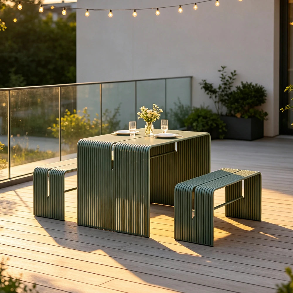 SOLARA Nordic Outdoor Table and Bench Set Aluminium Ribbed Design for Patio Garden Cafe Courtyard - Green