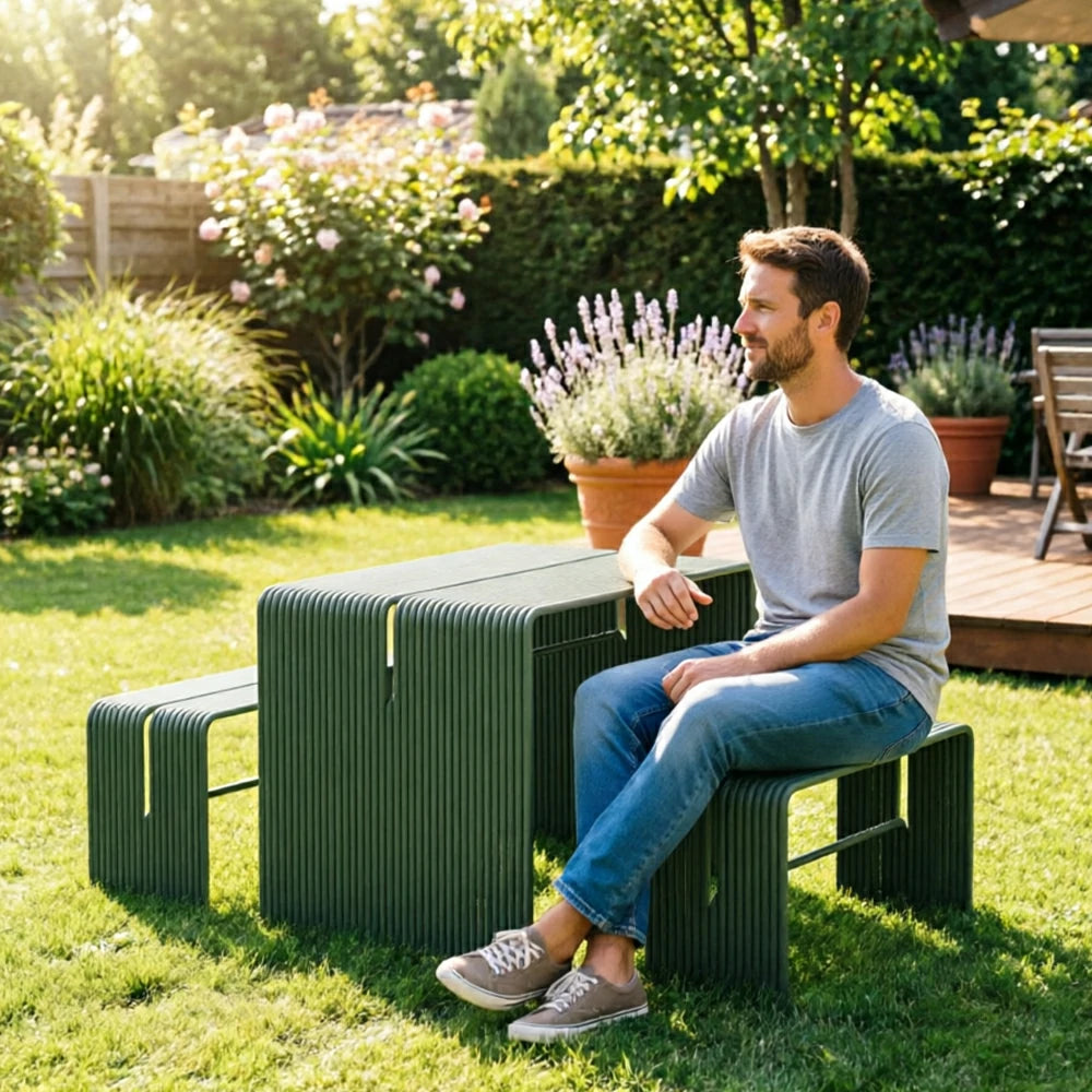 SOLARA Nordic Outdoor Table and Bench Set Aluminium Ribbed Design for Patio Garden Cafe Courtyard - Green